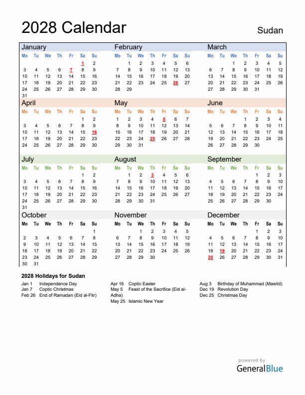 Calendar 2028 with Sudan Holidays