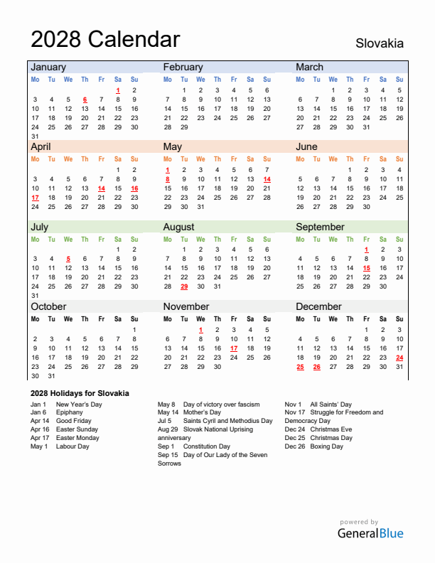 Calendar 2028 with Slovakia Holidays