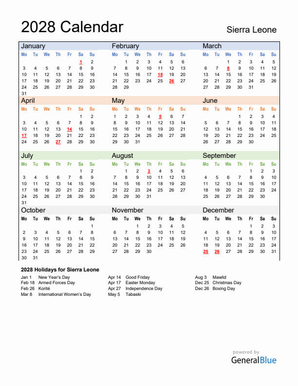 Calendar 2028 with Sierra Leone Holidays
