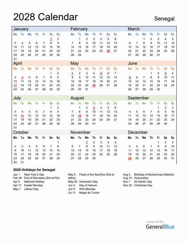 Calendar 2028 with Senegal Holidays