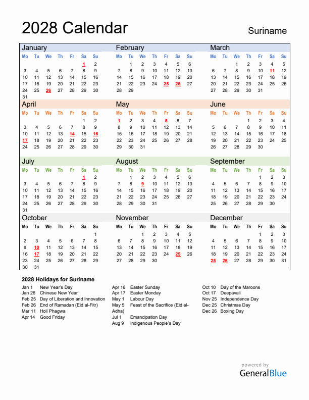 Calendar 2028 with Suriname Holidays