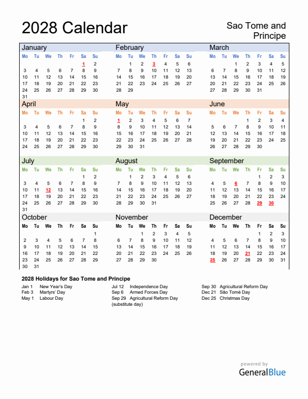 Calendar 2028 with Sao Tome and Principe Holidays