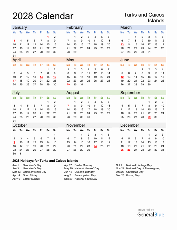 Calendar 2028 with Turks and Caicos Islands Holidays