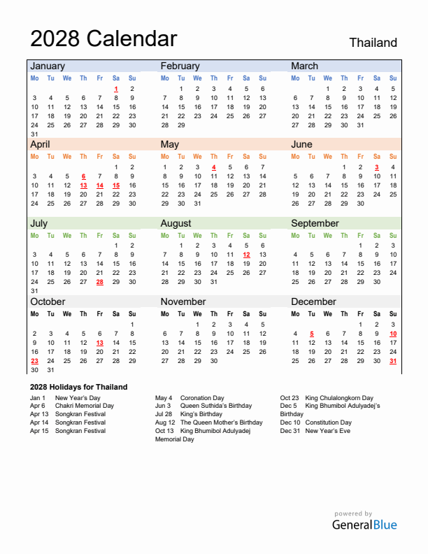 Calendar 2028 with Thailand Holidays