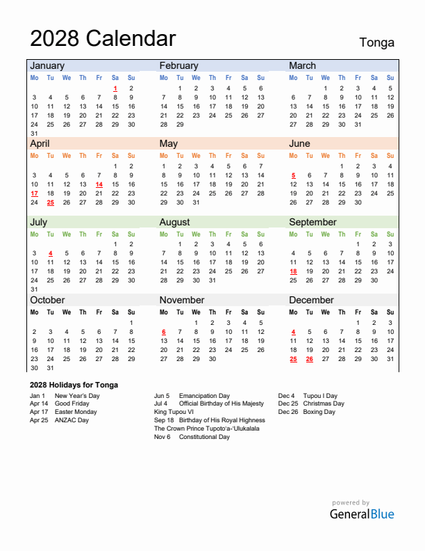 Calendar 2028 with Tonga Holidays