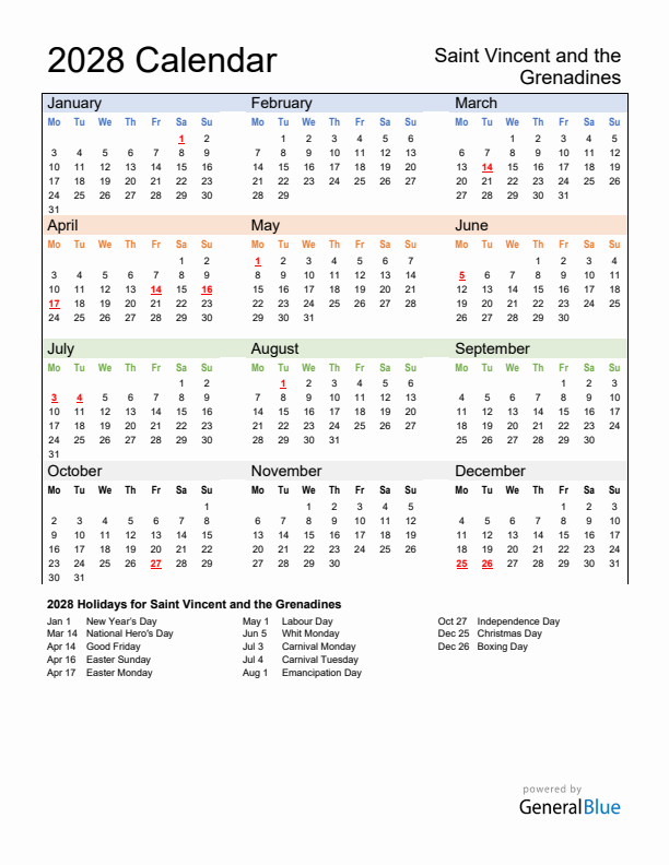 Calendar 2028 with Saint Vincent and the Grenadines Holidays
