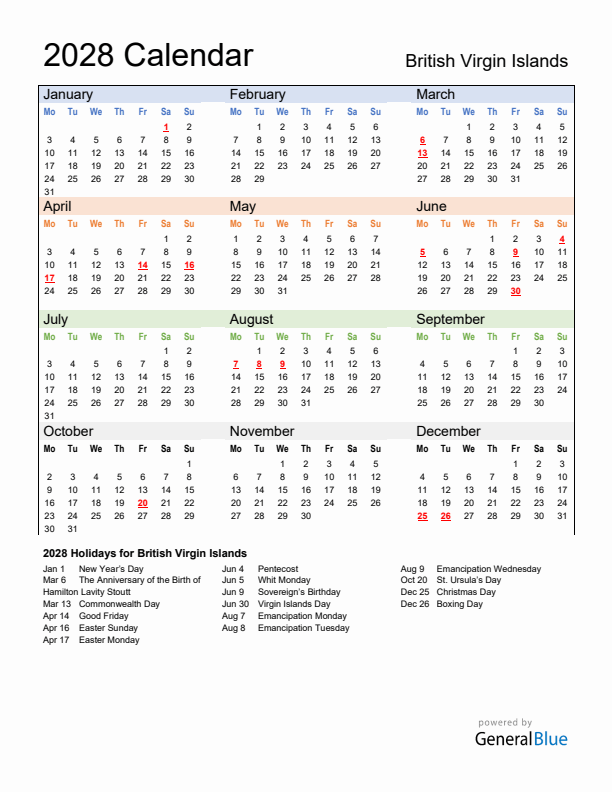 Calendar 2028 with British Virgin Islands Holidays