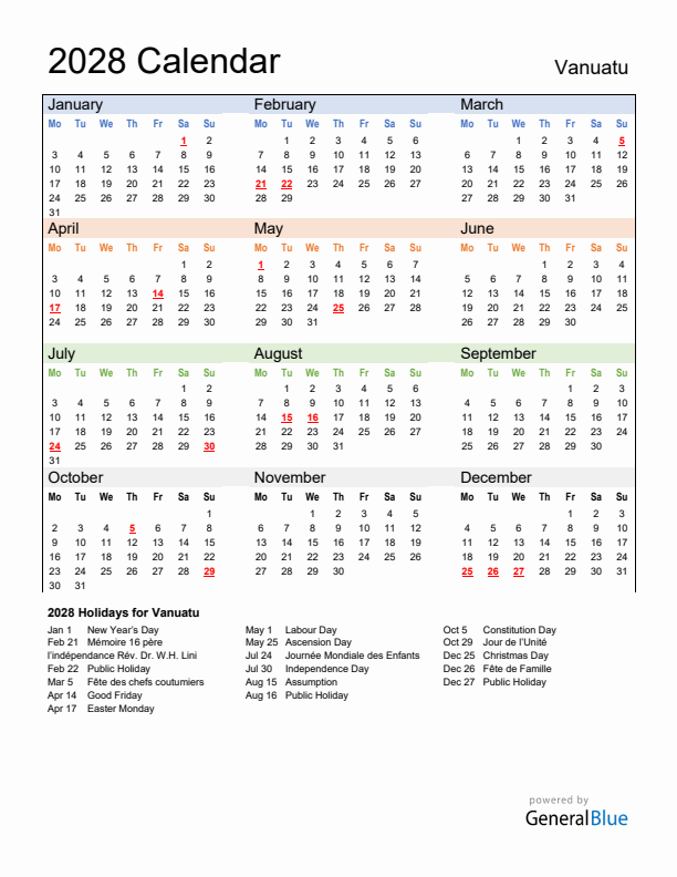 Calendar 2028 with Vanuatu Holidays