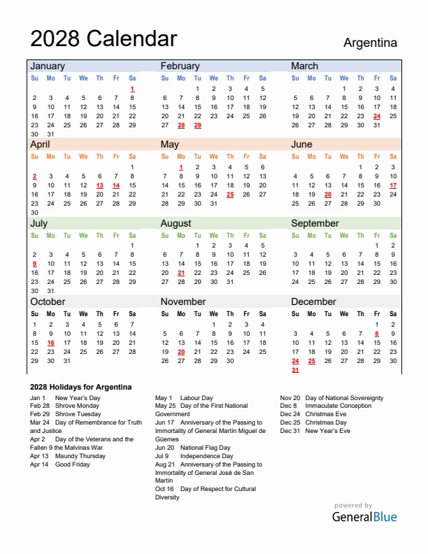 Calendar 2028 with Argentina Holidays