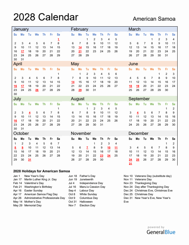 Calendar 2028 with American Samoa Holidays