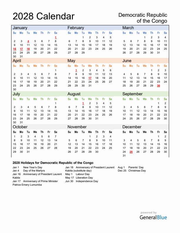 Calendar 2028 with Democratic Republic of the Congo Holidays