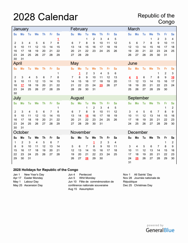 Calendar 2028 with Republic of the Congo Holidays