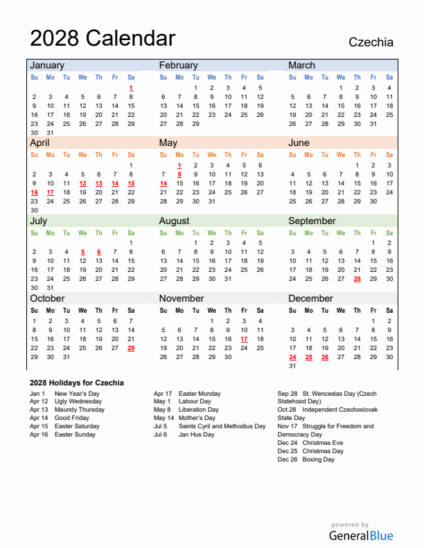 Calendar 2028 with Czechia Holidays