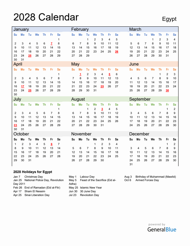 Calendar 2028 with Egypt Holidays