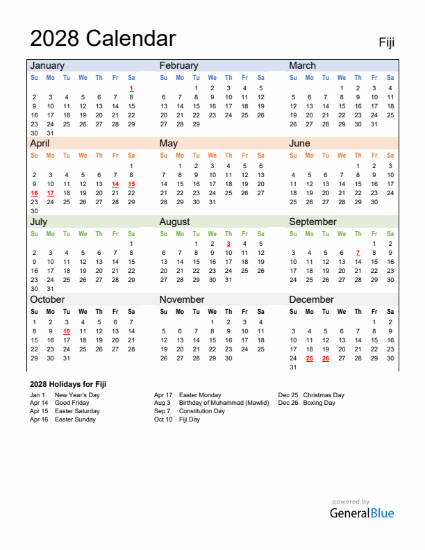 Calendar 2028 with Fiji Holidays