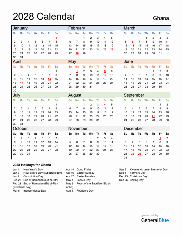 Calendar 2028 with Ghana Holidays