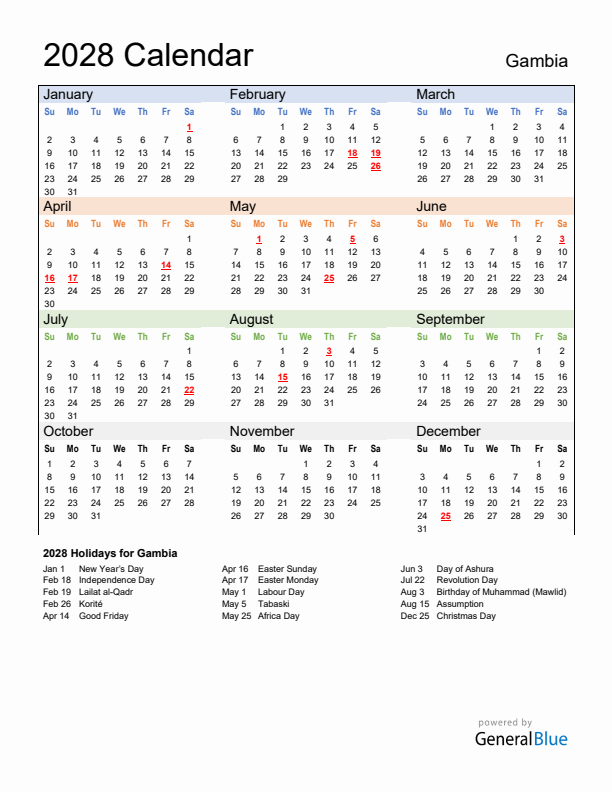 Calendar 2028 with Gambia Holidays