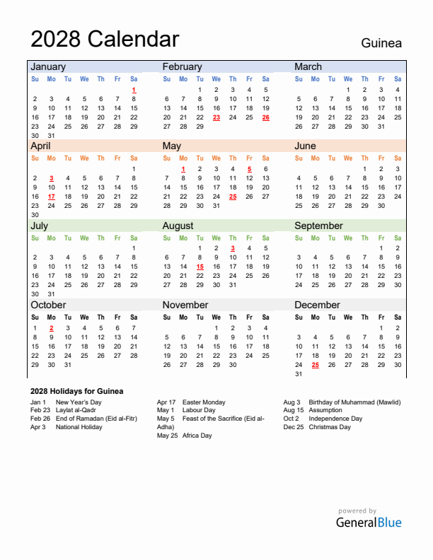 Calendar 2028 with Guinea Holidays