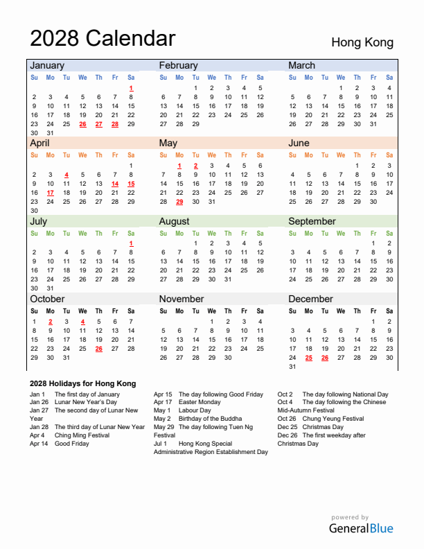 Calendar 2028 with Hong Kong Holidays