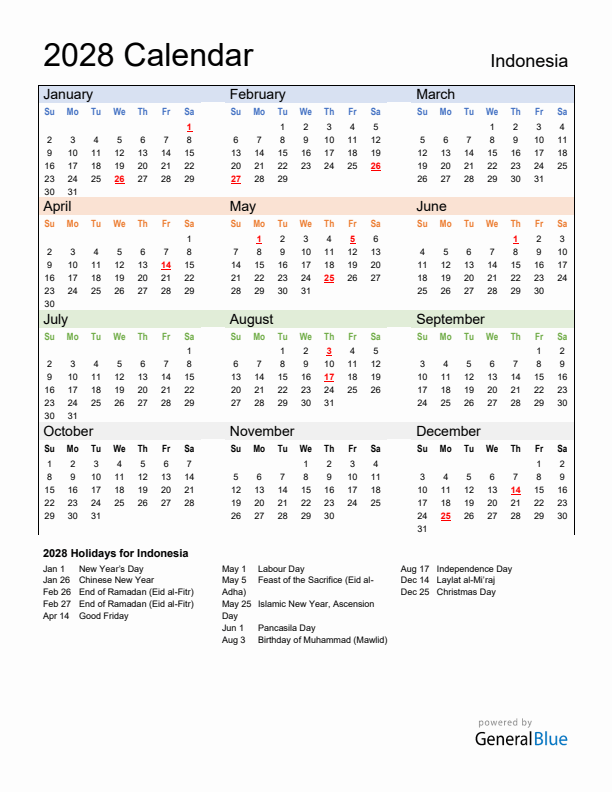 Calendar 2028 with Indonesia Holidays