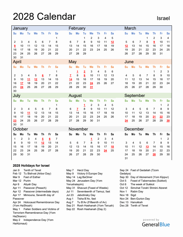 Calendar 2028 with Israel Holidays