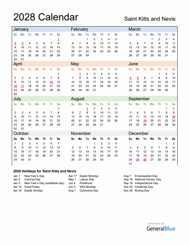 Calendar 2028 with Saint Kitts and Nevis Holidays