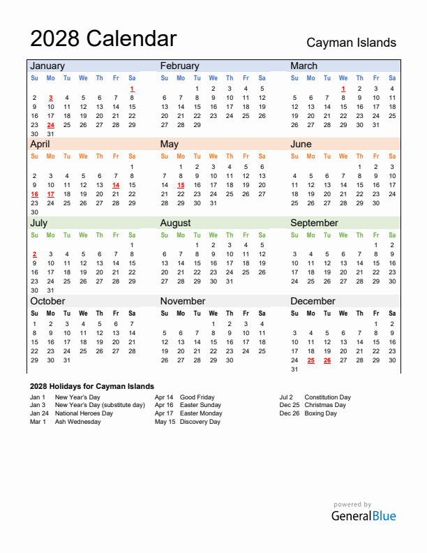 Calendar 2028 with Cayman Islands Holidays