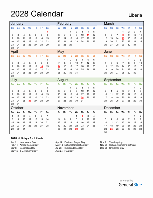 Calendar 2028 with Liberia Holidays