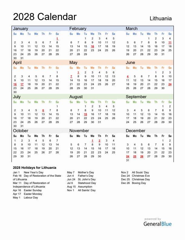 Calendar 2028 with Lithuania Holidays