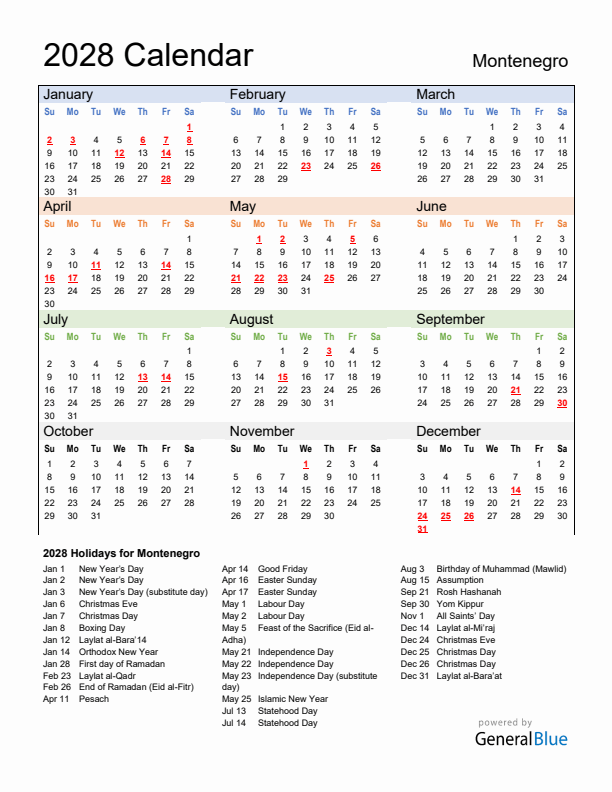 Calendar 2028 with Montenegro Holidays