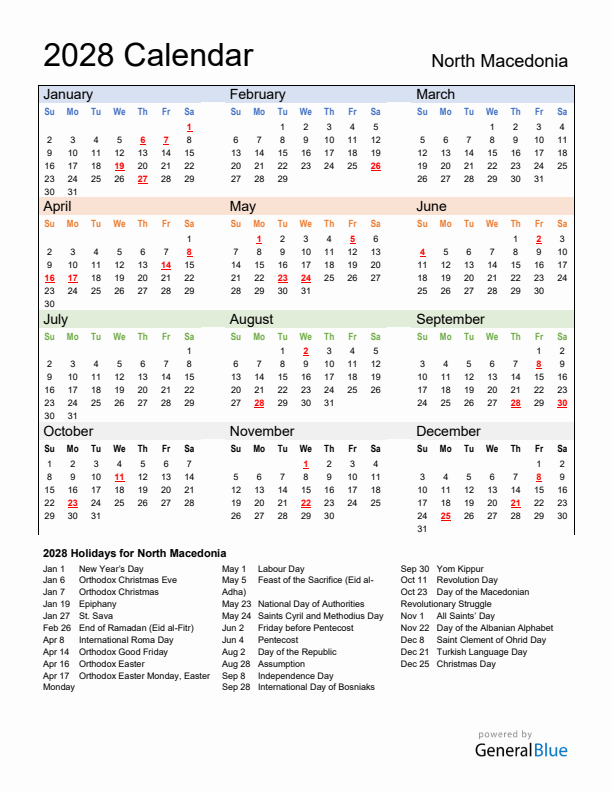 Calendar 2028 with North Macedonia Holidays