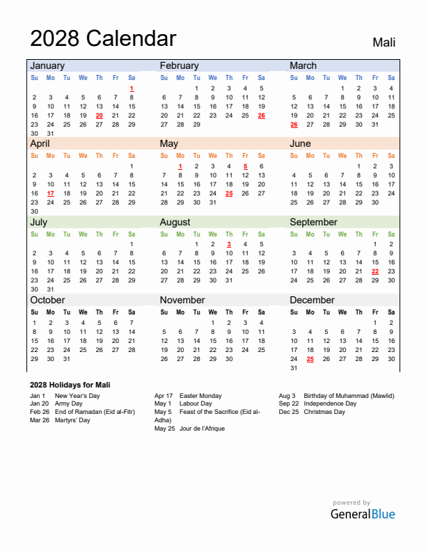 Calendar 2028 with Mali Holidays