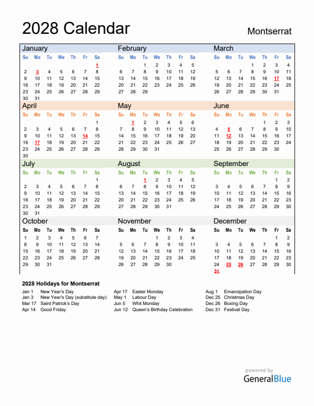 Calendar 2028 with Montserrat Holidays