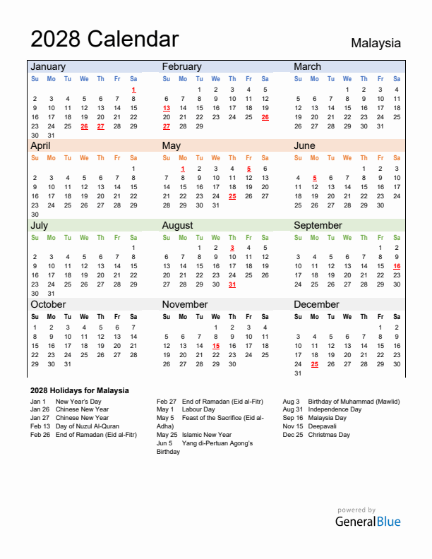 Calendar 2028 with Malaysia Holidays