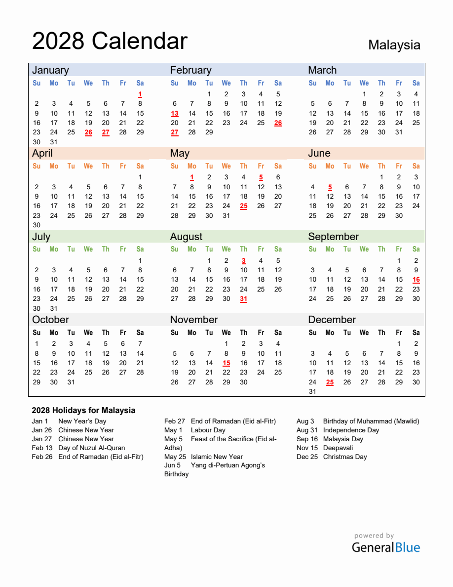 Annual Calendar 2028 with Malaysia Holidays