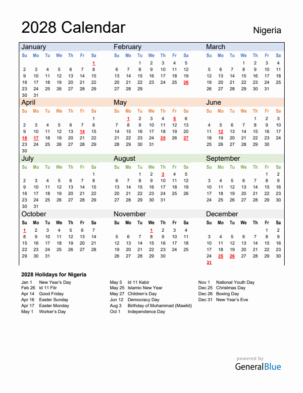 Calendar 2028 with Nigeria Holidays
