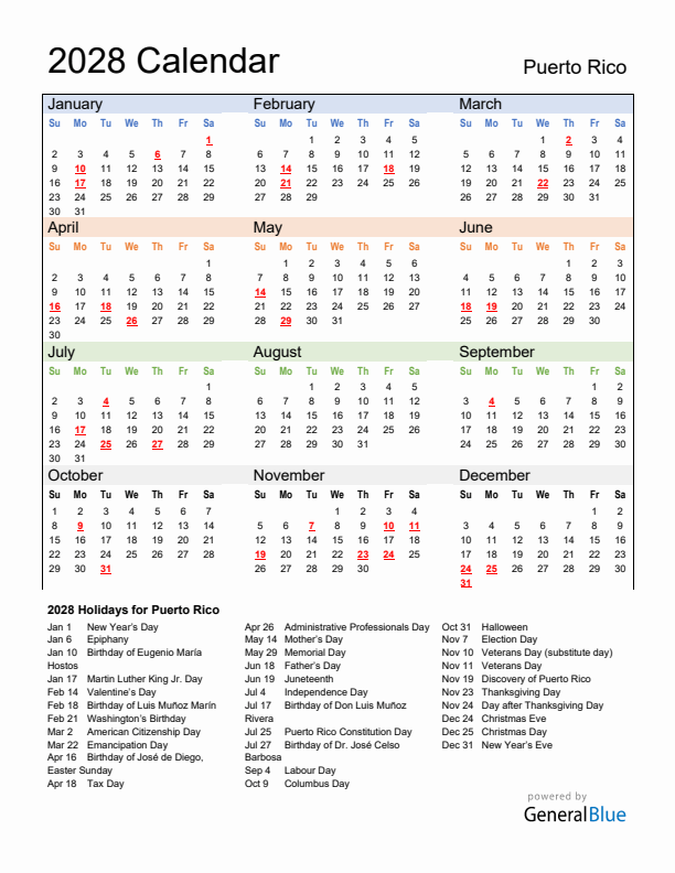 Calendar 2028 with Puerto Rico Holidays