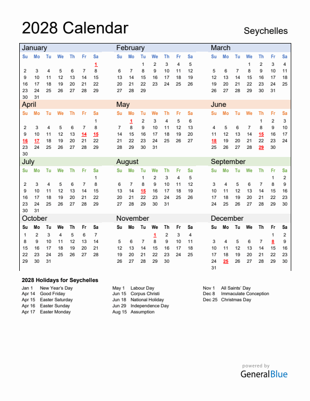Calendar 2028 with Seychelles Holidays