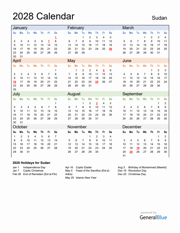 Calendar 2028 with Sudan Holidays