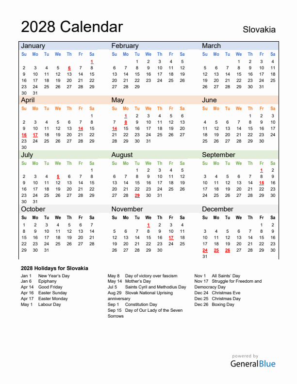 Calendar 2028 with Slovakia Holidays