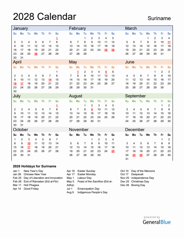 Calendar 2028 with Suriname Holidays