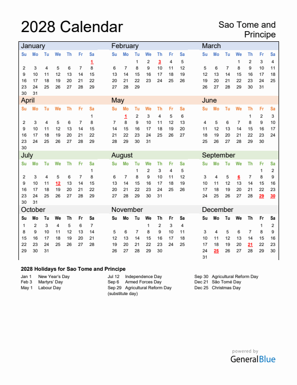 Calendar 2028 with Sao Tome and Principe Holidays