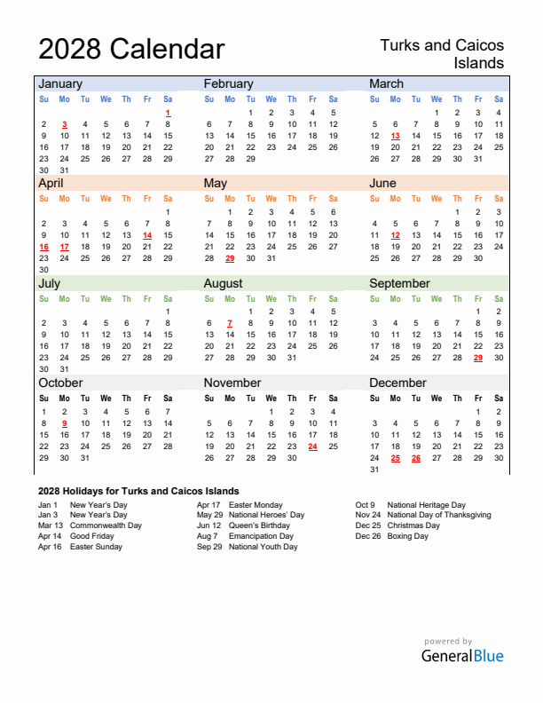Calendar 2028 with Turks and Caicos Islands Holidays