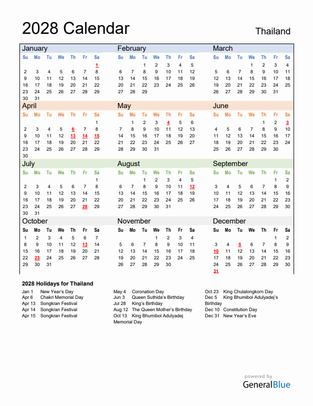 Calendar 2028 with Thailand Holidays