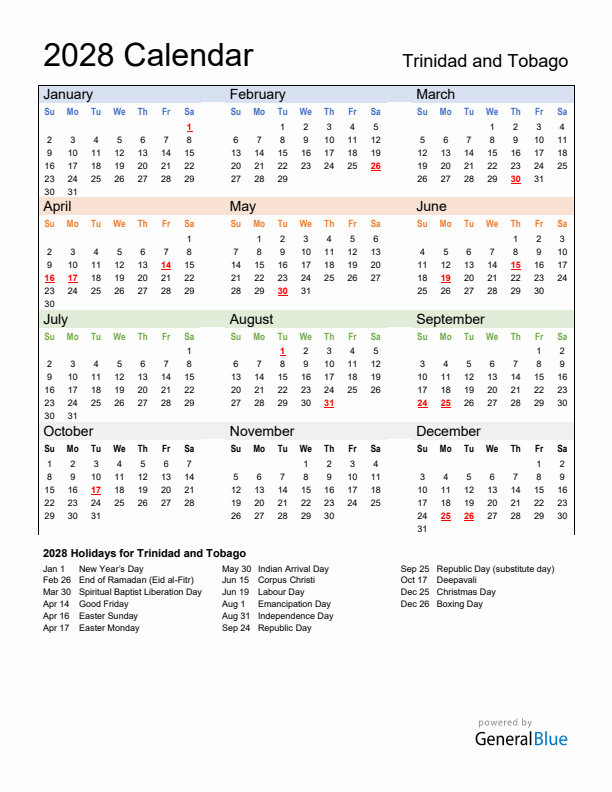 Calendar 2028 with Trinidad and Tobago Holidays