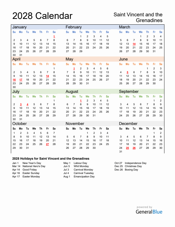 Calendar 2028 with Saint Vincent and the Grenadines Holidays