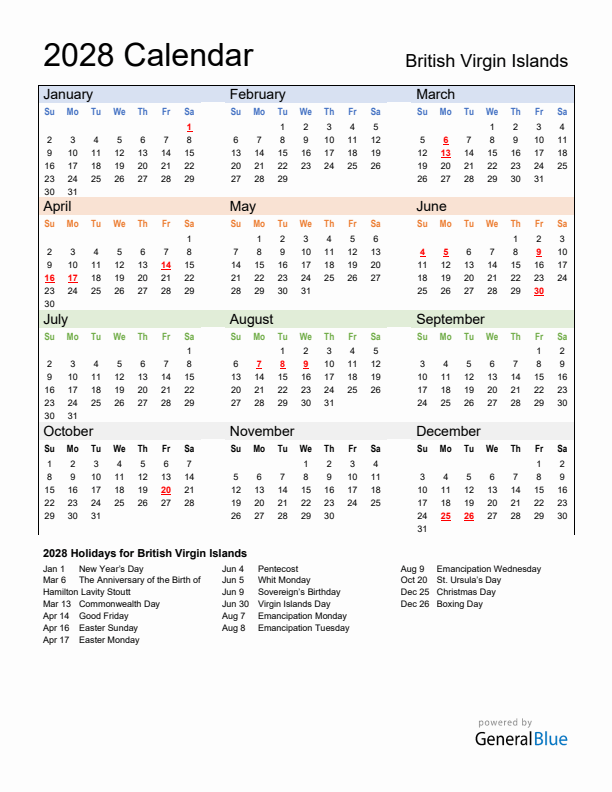 Calendar 2028 with British Virgin Islands Holidays