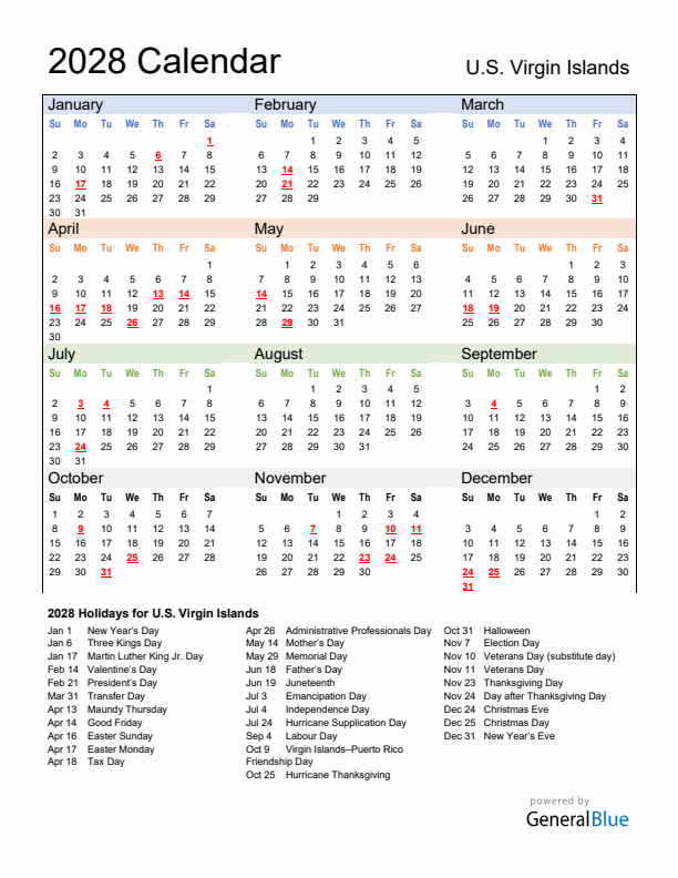 Calendar 2028 with U.S. Virgin Islands Holidays