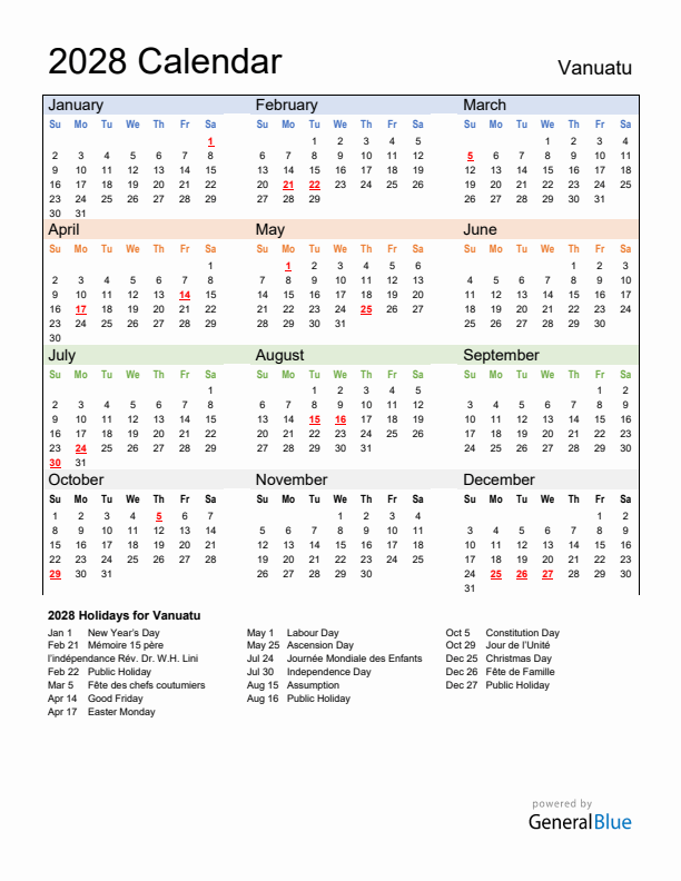 Calendar 2028 with Vanuatu Holidays