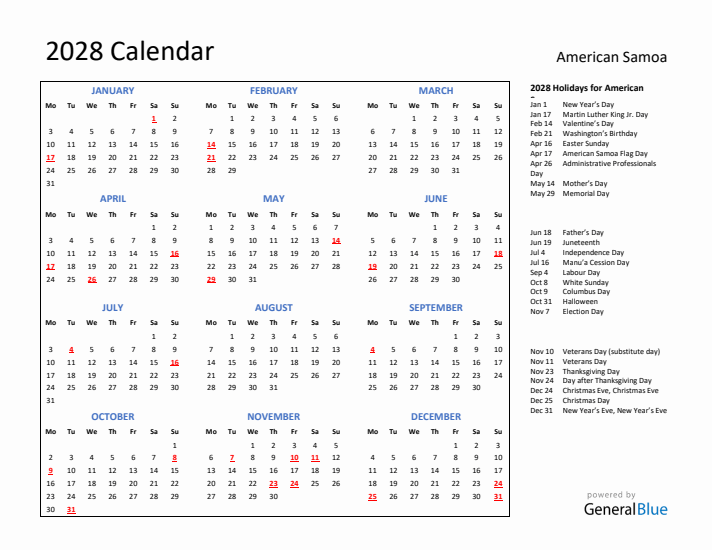 2028 Calendar with Holidays for American Samoa